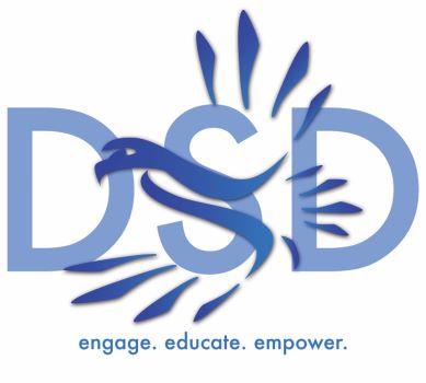 White background with blue letters DSD. engage. educate. empower.